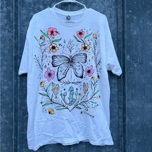 White Graphic T-Shirt with Butterfly and Floral Design